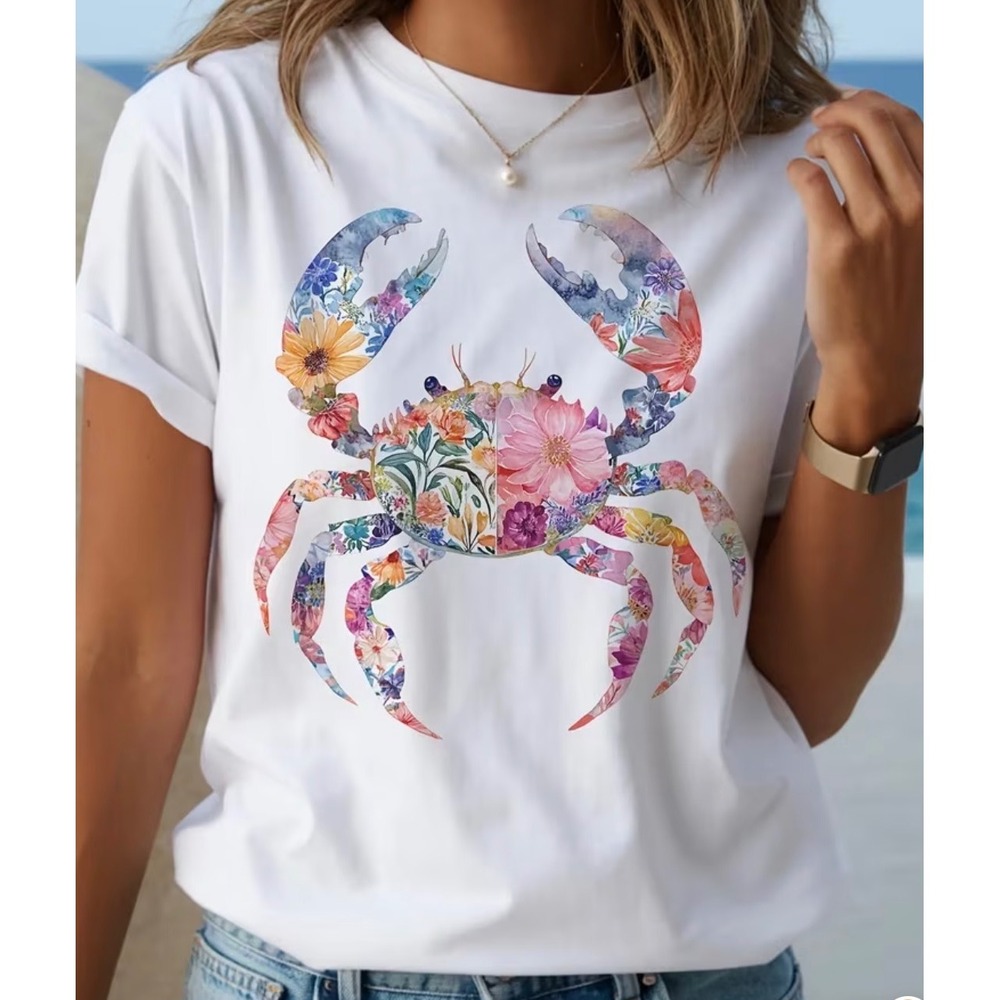 Graphic Tee Womens XL 2XL White‎ New Floral Crab Short Sleeve Crew Neck